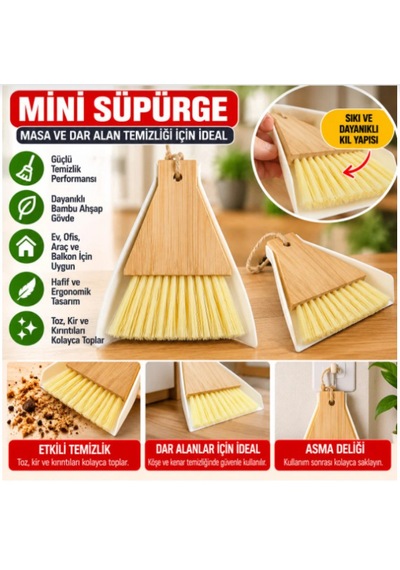 Bambu Ahşap Mini El Süpürgesi Ve Faraş Seti Masa, Mutfak Ve Dar Alan Temizliği Açık Ahşap