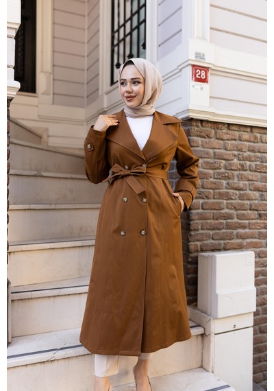 Hb Harma Time Butik Kadın Düğmeli Kuşaklı Taba Trençkot