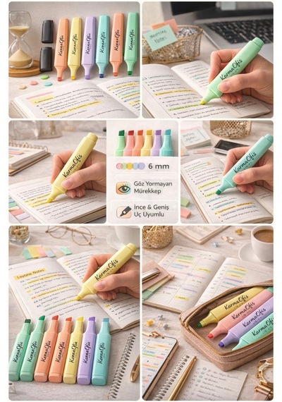 Pastel Fosforlu Kalem Seti 6 Renk Göz Yormayan Mürekkep Akmaz Dağılmaz Beyaz