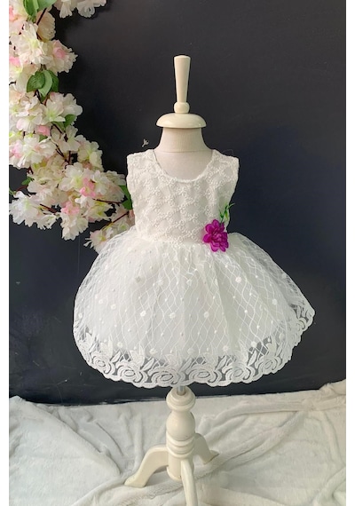 Mnk Baby & Kids Saç Bantlı Papatyalı Dantelli Bebek Elbise Pnpn146 Beyaz