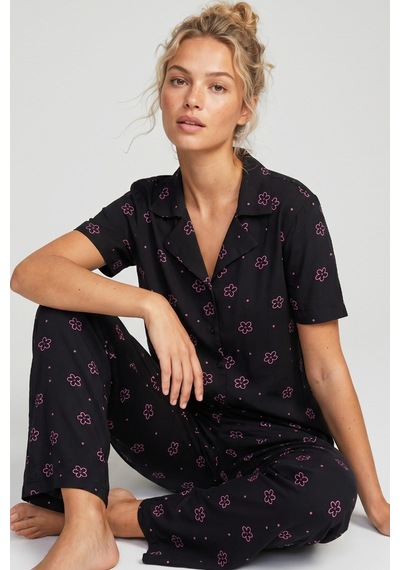 Siyah İnci Gömlek Yaka Düğmeli Örme Pijama Takım Siyah Pembe Çiçek