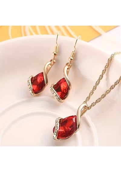 Moda Zirkon Taşlı İşlemeli Kolye, Küpe Set, Sevgililer Günü Kırmızı