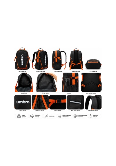 Umbro Motorcu Çantası Reflektörlü Sırt Çantası Okul Çantası Unisex Çanta Siyah