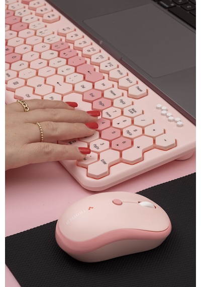 Petek Görünümlü Kablosuz Renkli Klavye Mouse Seti - Retro, Sessiz, Q Türkçe Dizayn Lazer