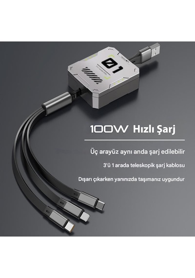 Zuidid - Fc151 - 3 Ü 1 Arada 100w 3a Hızlı Şarjlı 1.2 Metre Geri Çekilebilir Çoklu Şarj Kablosu (Şarj Kablosu)-Evet