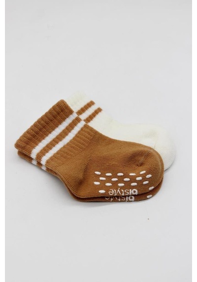 Akıllı Bayi 2'li Çemberli Kaymaz Soket Çorap 10125 Ekru Hardal renkli