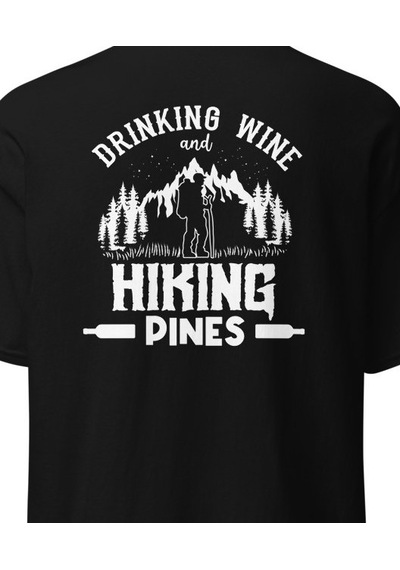 Wildstyle Drinking Wine And Hiking Pines Doğa Yürüyüşü Baskılı Unisex Pamuklu Tişört Siyah