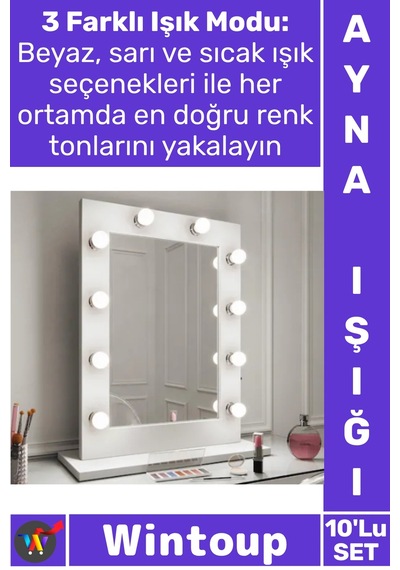 Işık Usb'li 3 Renk Kademeli Vantuzlu Profesyonel Aydınlatma Şık Makyaj Aynası Işığı 10'lu Led Işık