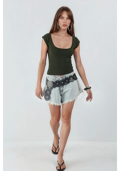 Hiccup Busem Slim Fit Ribana U Yaka Bluz Haki Yeşil