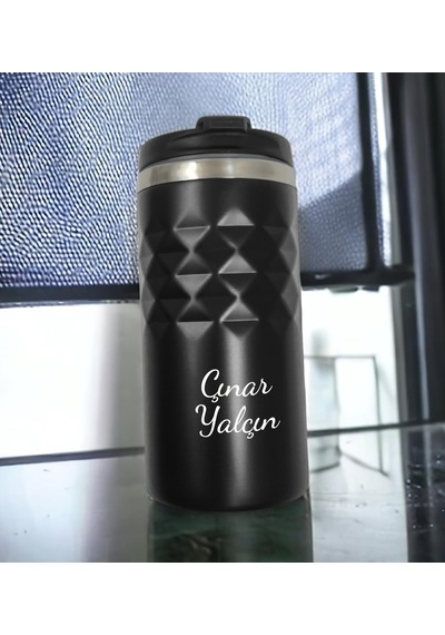 Kişiye Özel Baskılı Geometrik Desenli Siyah Renk Termos Bardak 300ml