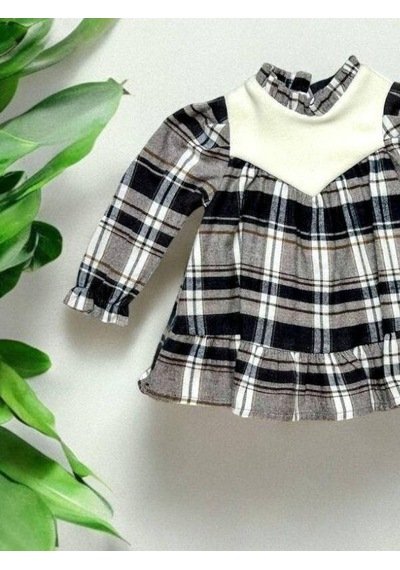 Çikoby Kız Bebek Yakası Peluş Detaylı Kare Desenli Elbise-14888 Çok Renkli