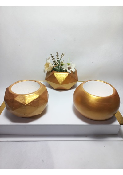 Dekoratif Antiquity Gold Saksı 3'lü Set - Kaktüs/sukulent Saksısı,çiçeklik Seti -