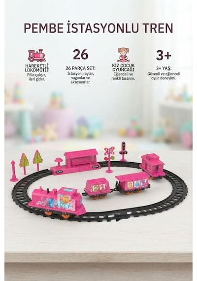 Pembe İstasyonlu Pilli Oyuncak Tren Seti - 26 Parça Hareketli Lokomatif Ve Vagon Seti
