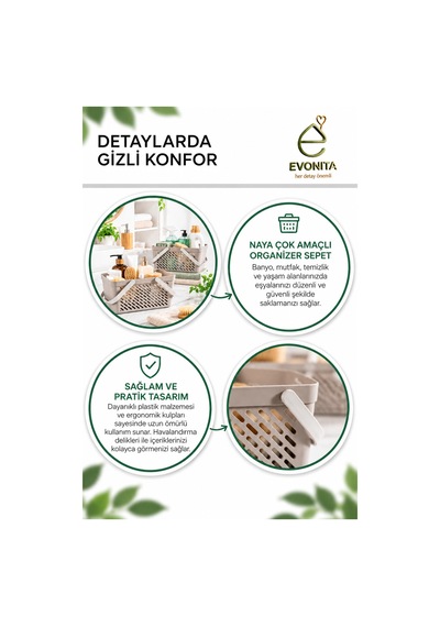 Evonıta Naya 2 Li Çok Amaçlı Organizer Sepet Seti Kulplu Banyo, Mutfak Ve Temizlik Düzenleyici Sepet Bej