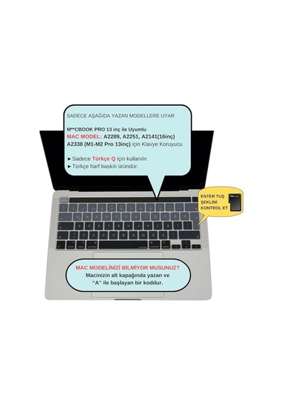 Macbook Pro Türkçe Q Klavye Koruyucu A2338 M1/m2 A2251 A2289 A2141 Uyumlu Silikon Keyboard Cover Touch Bar 13 İnç 16 İnç Siyah Gri