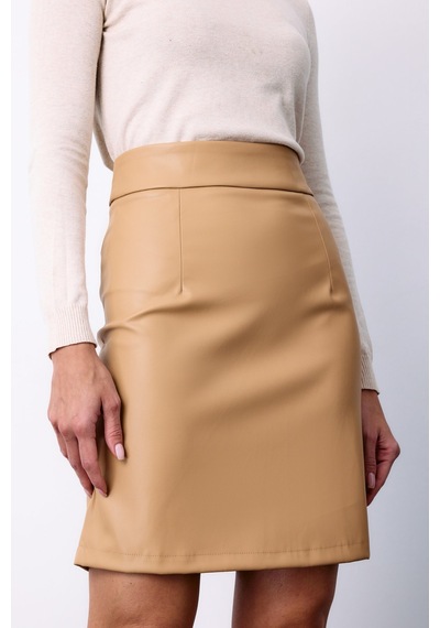 Sateen Şardonlu Deri Etek - Bej-135487 Bej