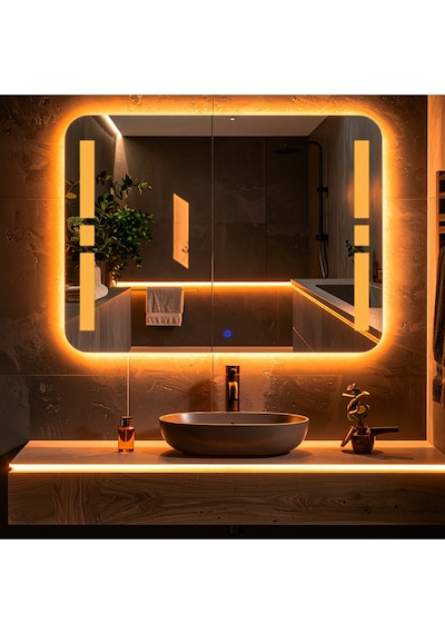 Selyn Amber Led'li Lazer Kumlamalı Lavabo & Banyo Aynası Dokunmatik Sensörlü 100 X 75 Cm Turuncu
