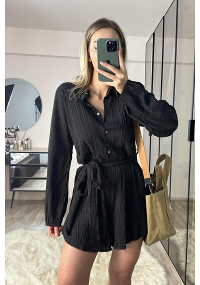 Fashion Cocktail Uzun Kol Casual Kabartma Kumaş Yakalı Düğmeli Boyfriend Gömlek Stil Şortlu Tulum Siyah Fashion Cocktail Uzun Kol Casual Kabartma Kumaş Yakalı Düğmeli Boyfriend Gömlek Stil Şortlu Tulum Siyah