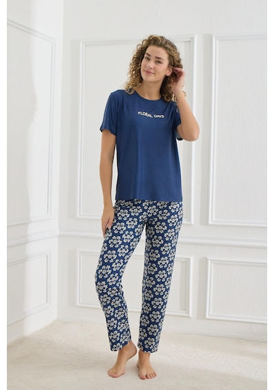 Kompedan Kadın Çiçek Desenli Bisiklet Yaka Pijama Takım Lacivert 30102-963 Lacivert
