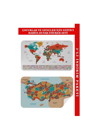 Eğitici - Öğretici Dünya Ve Türkiye Haritası Çocuk Odası Duvar Sticker-60x105-3886 Renkli