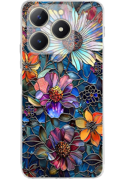 Printify Realme C61 İle Uyumlu Vitray Mücevher Flora Tasarımlı Şeffaf Silikon Kılıf Şeffaf