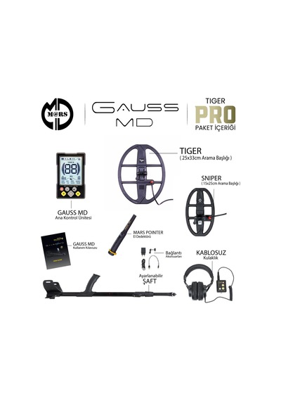 Gauss Md Dedektör Tıger 33x25,5cm + Snıper 25x15cm Başlık Pinpointer + Kulaklık