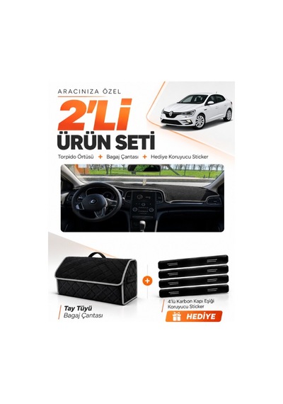 Renault Megane 4 2016-2024 Uyumlu Torpido Örtüsü + Tay Tüyü Bagaj Çantası + Sticker - Siyah Gri