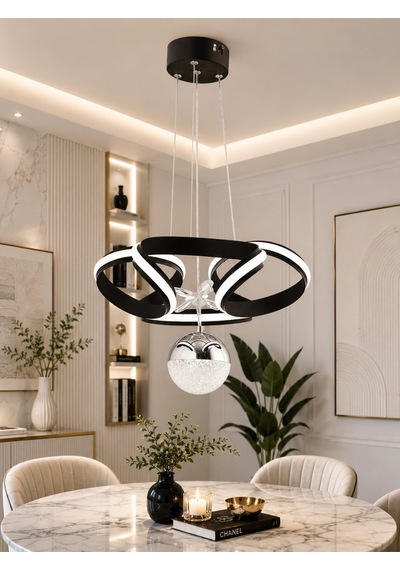Elizan Tekli Siyah Led Sarkıt Avize,3 Renk Yanabilen Modern Avize,salon Led Avize