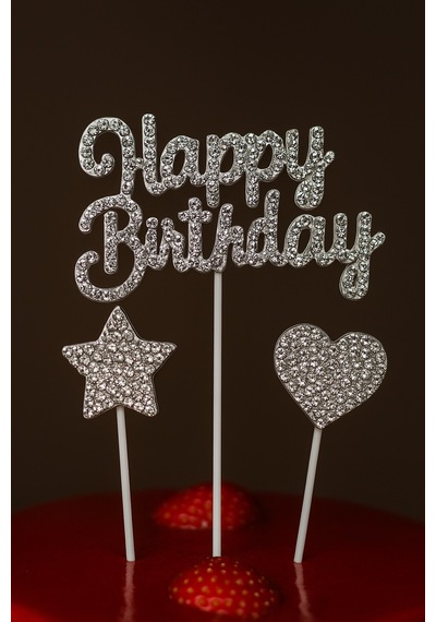 Happy Birthday Taşlı Pasta Süsü 3 Lü Set Gümüş Kalp Ve Yıldızlı Işıltılı Doğum Günü Dekoru