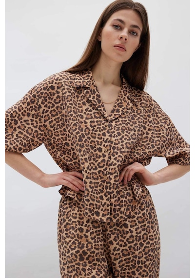 Defacto Loose Fit Leopar Desenli Modal Kısa Kollu Gömlek F0879ax25smbn226 Kahve