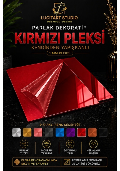 10 Adet 1mm Dekoratif Kare Kırmızı Pleksi - 10x10, 15x15, 20x20, 25x25, 30x30, 35x35, 40x40 Cm Kendinden Yapışkanlı Duvar Dekorasyonu Ürünü Pleksi Ayna Beklentisiyle Almayınız