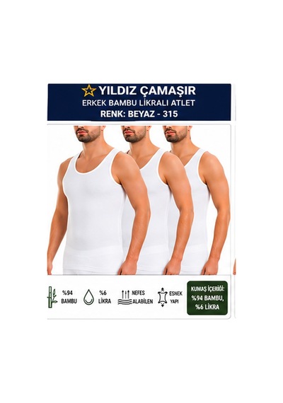 Yıldız Çamaşır Erkek Bambu Likralı Askılı Atlet 315-316-317-318 - 3 Adet Beyaz