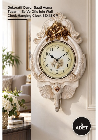 5 Adet Duvara Asmalı Fil Figürlü Saat Dekoratif Duvar Saati Asma Tasarım Ev Ve Ofis İçin Wall Clock Hanging Clock 84x48 Cm Diğer