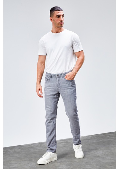 HLT Jeans Erkek Gri Yıkamalı Regular Fit Boru Paça Likralı Jean Kot Pantolon Henry