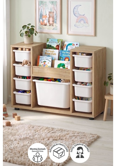 9 Sepetli Dolap Oyuncak Dolabı Çok Amaçlı Dolap Montessori Kitaplıklı Aden Safir Meşe