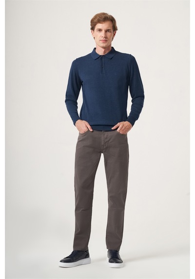 İmza İndigo Polo Yaka Uzun Kol Örme Comfort Fit Pamuklu Kazak 1012265150 Indigo Mavi