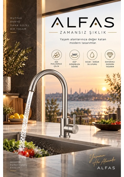 Alfas İnox Mutfak Evye Bataryası 304 Paslanmaz Çelik Dönebilen Baston Batarya İnox 2yıl Garantili Inox