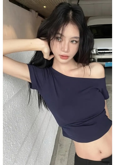 Lacivert Kadın Düşük Omuz Kayık Yaka Dar/slim Likralı T-shirt Lacivert