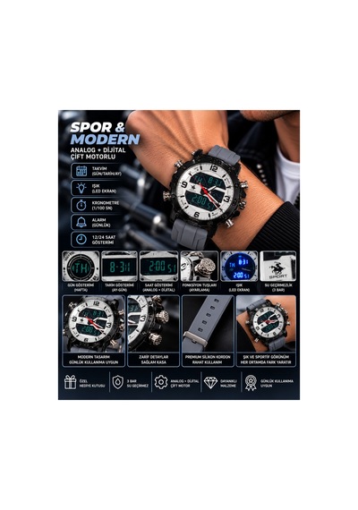 Erkek Analog Dijital Silikon Kordon Alarm Kronemetreli Led Işıklı Kol Saati Gri - 929326242 Siyah