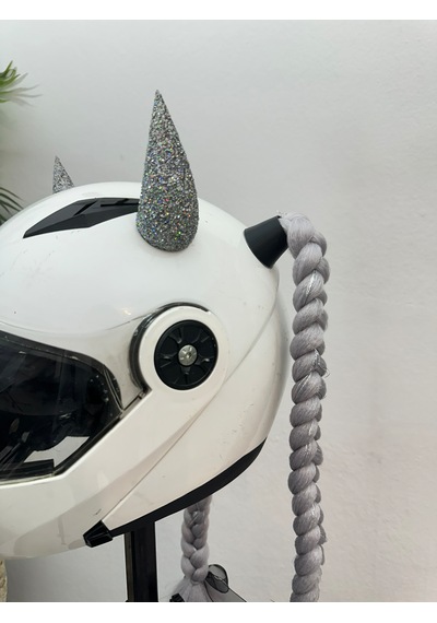 Motor & Motosiklet Gri Simli Çift Örgü Saç Ve Hologramlı Şeytan Boynuzlu Set Kask Dış Aksesuarı Diğer