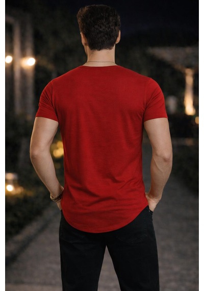 Bybülent Erkek Oval Yaka Tişört Açık Yaka Likralı Slim Fit T-shirt Bordo