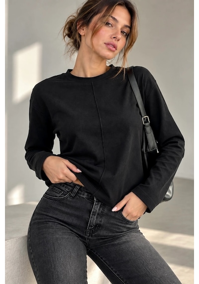 Bb Butik Basic Ön Dikiş Detaylı Basic Sweatshirt Günlük Rahat Kesim My3535 siyah