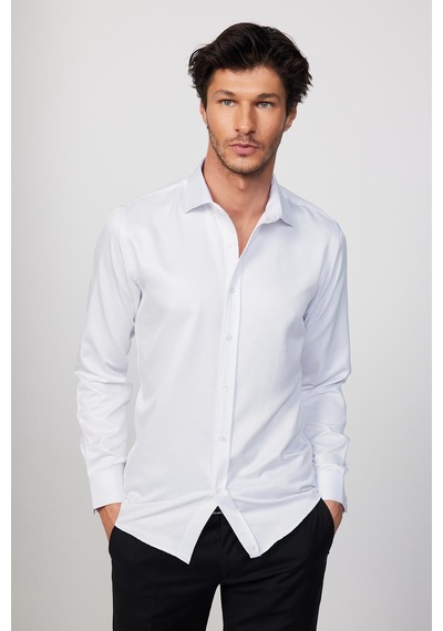 Tudors Modern Slim Fit Pamuklu Kolay Ütü Armürlü Beyaz Erkek Gömlek-28856-beyaz Beyaz