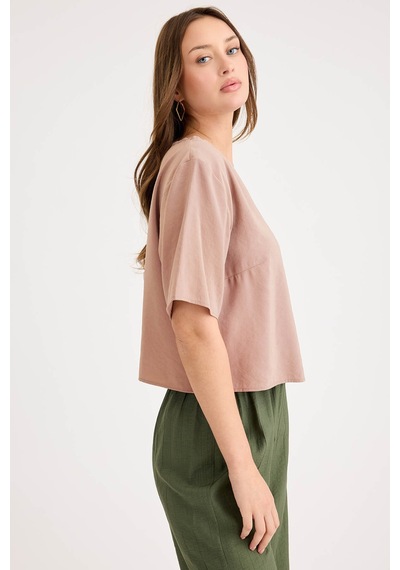 Vitrin Yuvarlak Yaka Kısa Kol Crop Bluz CAMEL