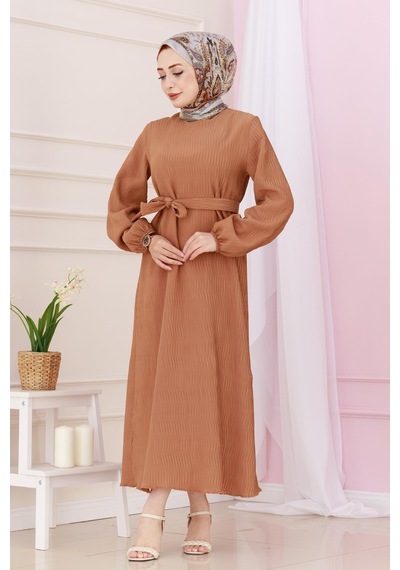 Sevitli Beli Kuşaklı Luna Tesettür Elbise-taba-4889 Taba