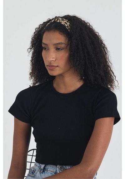 Butikgiz Siyah Kısa Kol Bisiklet Yaka Vücuda Oturan Kaşkorse Crop + Bandana Set %100 Pamumklu, Esnek Rahat Siyah-leopar