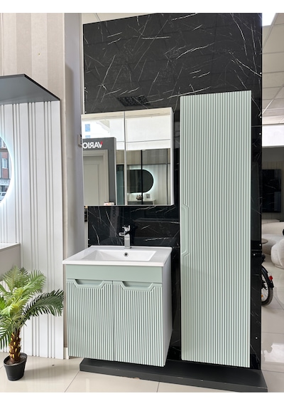 Banyo Dolabı Aynalı Cnc İşlemeli Membran Kapaklı 65 Cm Yeşil
