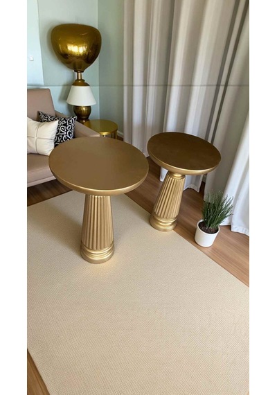 Modern Mantar Sehpa 2 Li Set Ahşap Ve Altın Varak Yan Sehpa
