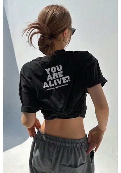 You Are Alive T-shirt - Siyah Baskılı Oversize Bisiklet Yaka Kısa Kol SIYAH
