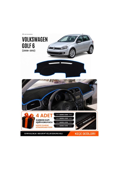 Volkswagen Golf 6 2008-2012 Uyumlu Torpido Örtüsü, Torpido Kılıfı - Siyah Mavi